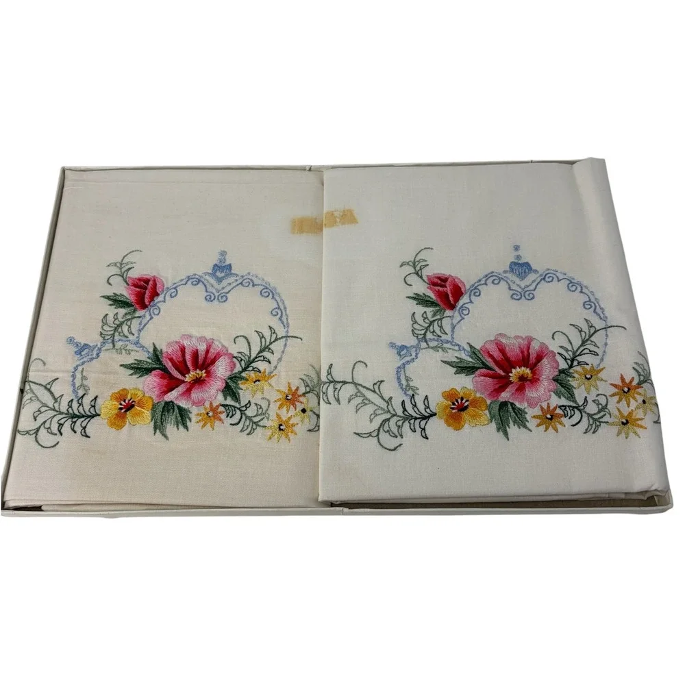 Vintage Embroidered Pillowcases Pair Floral Pink Blue NOS Original Box 26x16
